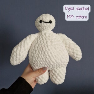 May include: White crocheted plush toy resembling Baymax from the movie Big Hero 6. Digital download PDF pattern.