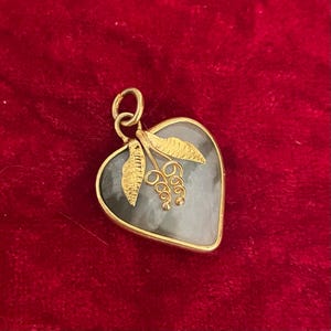 Vintage Moss Agate Heart Charm With Gold Plated Trim  | Puffy Heart Quartz Crystal Charm Pendant