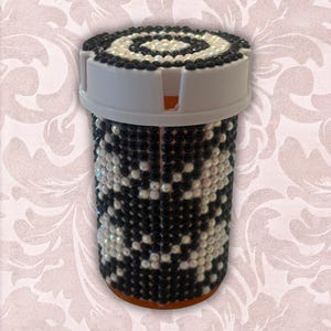Bedazzled Pill Bottle | Houndstooth Rhinestone Trinket Jar | Black & White Gothic Glam Decor