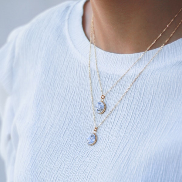 Real forget-me-not pendant mounted on an adjustable gold-plated chain