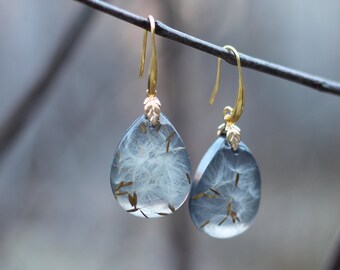 Boucles d'oreilles pissenlit fond noir / Bijou fait main plaqué or ou argent créateur français / make a wish / Résine de pissenlit / Infini