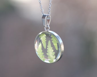 Eagle fern necklace in resin and silver stainless steel / Handmade in France