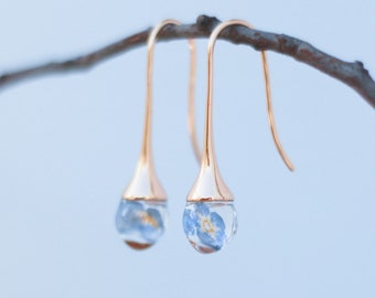 May include: A pair of gold-colored drop earrings. Each earring features a clear, teardrop-shaped glass orb containing a small, blue and yellow flower. The earrings hang from a curved hook, and are displayed against a blurred background.