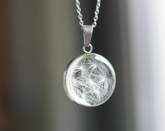Genuine dandelion wish necklace mounted on a silver stainless steel chain