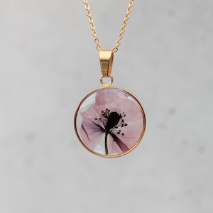 Real poppy necklace mounted on adjustable gold-plated chain