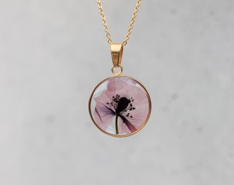 Real poppy necklace mounted on an adjustable gold-plated chain