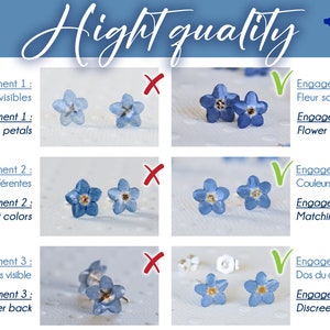 May include: Close-up of a pair of forget-me-not flower earrings. The earrings are made of real flowers that have been preserved. The earrings are shown with and without visible petals, different colors, and a visible silver back. The image includes text in French and English describing the quality of the earrings.
