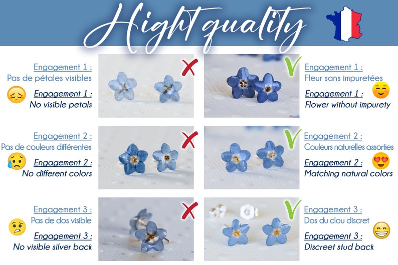 May include: Close-up of a pair of forget-me-not flower earrings. The earrings are made of real flowers that have been preserved. The earrings are shown with and without visible petals, different colors, and a visible silver back. The image includes text in French and English describing the quality of the earrings.