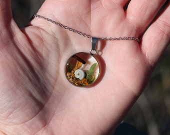 Nature pendant mounted on an adjustable silver stainless steel chain / Mushroom, lichen, fern and snail!