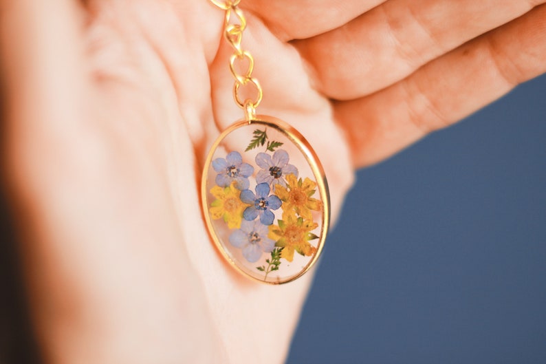 Blue and yellow dried flower key ring / handmade in France / key ring with or without gift packaging image 8
