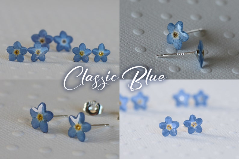 May include: A pair of blue forget-me-not flower earrings with silver posts. The flowers are delicate and have a yellow center. "Classic Blue" is written in cursive below the earrings.