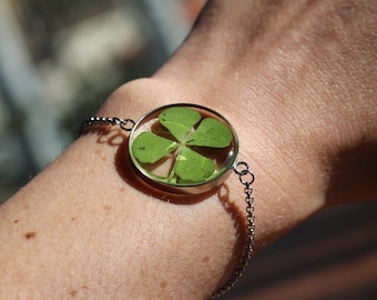 Real four-leaf clover bracelet, resin and silver stainless steel - handmade in France