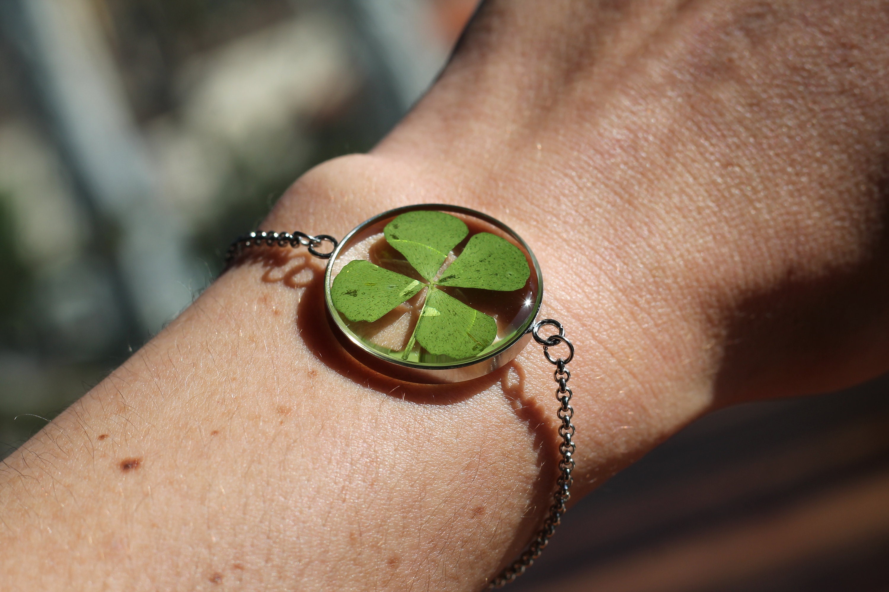 Genuine Four-leaf Clover Bracelet, Resin and Silver Stainless