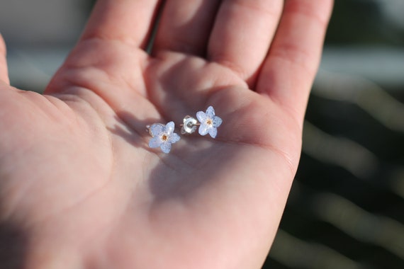Boucle d'oreille véritable myosotis monté sur argent S925
