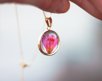 Resin and dried rose flower necklace (Lewisie) mounted on an adjustable gold-plated chain 42 to 50cm