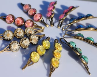 Barrettes fleurs séchées multicolores / barette résine et fleurs / barrette pep's / accessoire cheveu original fait main en France