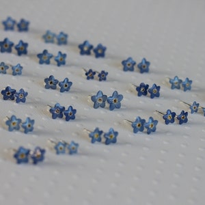 May include: A set of 10 pairs of blue forget-me-not flower stud earrings. The earrings are made of polymer clay and have a silver backing.