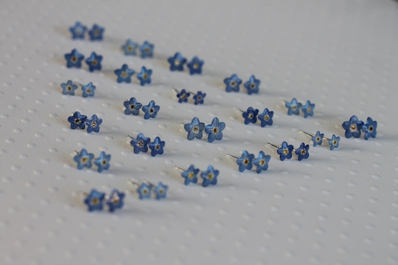 May include: A set of 10 pairs of blue forget-me-not flower stud earrings. The earrings are made of polymer clay and have a silver backing.