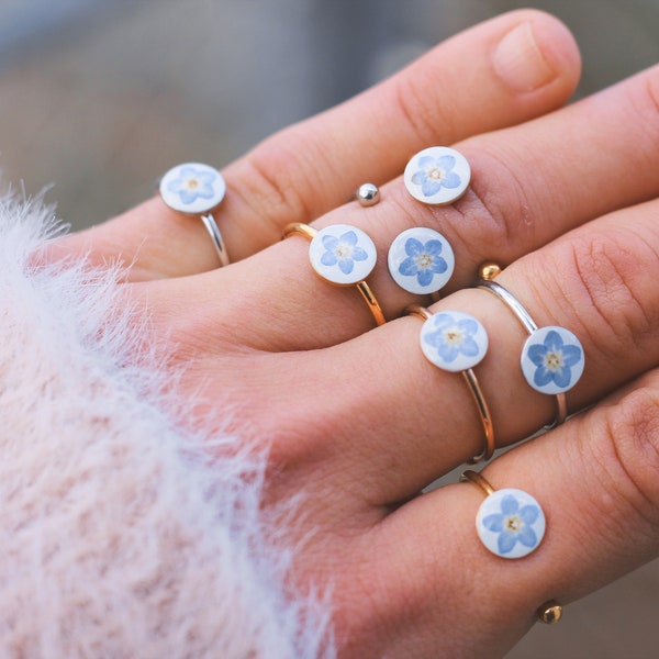 Forget me not ring / Real forget-me-not ring / resin ring gift / adjustable / silver plated, rose gold or gold of your choice