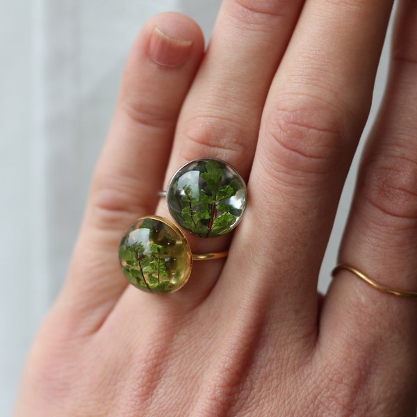 Fern ring / Bague fougère réelle / resin ring gift / bague transparente avec détail de la nature / argent ou plaqué or au choix