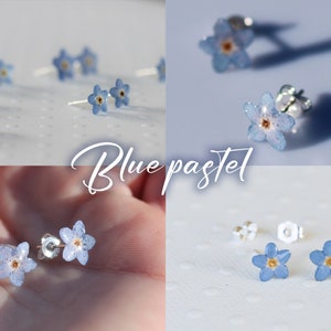 May include: A pair of delicate earrings featuring small blue forget-me-not flowers with silver posts. The flowers have a light blue and white pastel color with a yellow center.