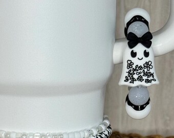 Tumbler Charm, Cute Ghost, Boo Belle, Silicone beads, Tumbler Accessories, Halloween, Spooky Season, Cup Charm, black and White, Bow