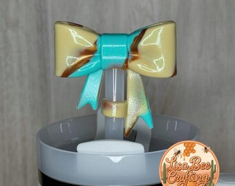 Straw Toppers, Teal, Tan and Bronze Marble Bow, Opal, Swirl, Western Style, Silicone, Tumbler Accessories, Stanley, Coquette, Shimmer Bow
