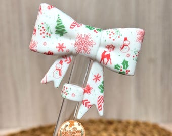 Christmas Winter Wonderland, Straw Topper, Bow, Silicone, Green, Red, Tumbler Accessorie, Stanley, Holidays, Owala, Christmas Cheer, Gifts