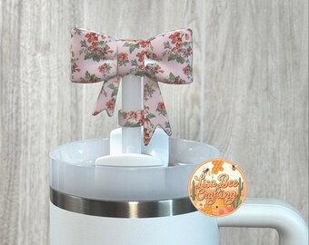 Straw topper, Spring Fling Floral, Pink, Bow, Sliver, Gifts for her, Silicone, Coquette, Tumbler Accessories, Stanley, Resuable, 10mm straw