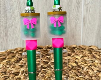 Pickle Lovers, Pink Bow, Pickle Jar, Black Ink, Acrylic Beads, Gifts, Focal Bead, Office Supplies, Stationary, Refillable, Bright Pink