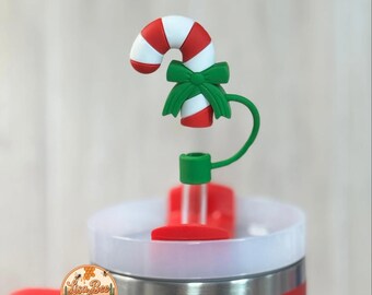 Straw Topper, Christmas, Candy Cane, Green Bow, Silicone, Green, Red, Tumbler Accessories, Stanley, Christmas Cheer, Gifts, 10mm, White