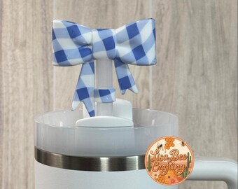 Straw topper, Baby Blue Plaid, Bow, Sliver, Gifts for her, Silicone, Coquette, Tumbler Accessories, Stanley, Resuable, Spring, 10mm straw