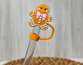 Straw Topper, Christmas, Gingerbread Man, Bows, Holiday Season, Tumbler Accessories, Stanley, RTS, Pink, Tan, Brown, White, 10mm straw cover