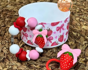 Strawberry and Bows, Spring, Summer, Coquette, Stanley Accessories, pink, red, Cup Charm, 3d Straw Topper, Tumbler Boot, Pink bow, Gift Set