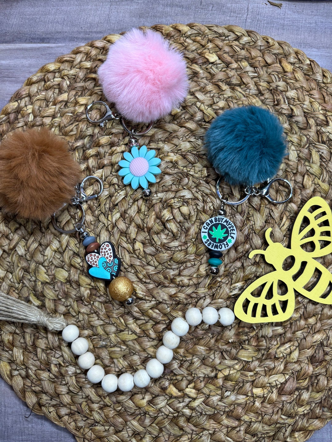 Leopard & Teal Hearts, Daisy, 420, Puff Ball Keychain, Beaded Bar ...