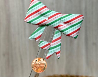 Christmas Candy Cane Swirl, Straw Topper, Bow, Silicone, Green, Red, Tumbler Accessorie, Stanley, Holidays, Owala, Christmas Cheer, Gifts