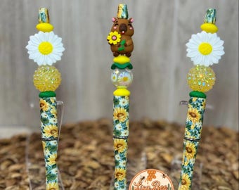 Capybara and Sunflower, White Daisy, Green, Yellow, Black Ink, Acrylic Beads, Gifts, Focal Bead, Office Supplies, Stationary, Refillable