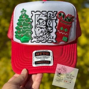 Christmas Hat, Red Trucker Hat, Iron Patch, Women Trucker Hat, Ready to Ship, Christmas Gifts, Classic Christmas, Vintage Santa, Stocking