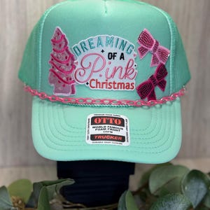 Christmas Hat, pastel Trucker Hat, Iron Patch, Women Trucker Hat, Ready to Ship, Christmas Gifts, Hat Chain, pink Christmas, pink tree, bows