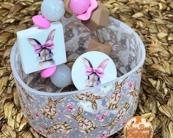 Bunny Tumbler Accessory Set, Easter, Spring, Coquette, Stanley Accessories, pink and brown, bows and bunny’s, Cup Charm, Straw Topper, Boot