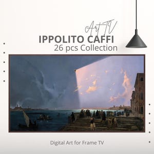 Pode incluir: Uma impressão de arte digital emoldurada com uma cena costeira com figuras, barcos e edifícios. A obra de arte faz parte da "Coleção Ippolito Caffi 26 peças" e é rotulada como "Arte Digital para TV com Moldura".