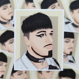 May include: A digital illustration of a person with black hair, a black choker, and a white shirt. The person has a black beard and black eye shadow with a white line.