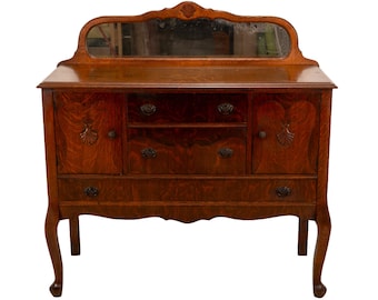 Antique Tiger Oak Carved Sideboard Buffet W/ Original Beveled Mirror & Shell Details