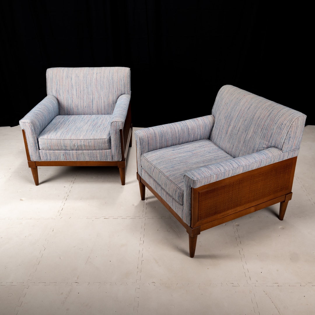 1960s Mid Century Modern Wicker Upholstered Lounge Club Chairs W/ Tapered Legs - Pair of 2 - Light Blue - MCM Vintage Retro Danish Styling