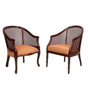Gorgeous Regency Style Caned Back Tub Lounge Chairs, Recently Reupholstered, Pair of Elegant Accent Chairs, Vintage French Inspired Seating