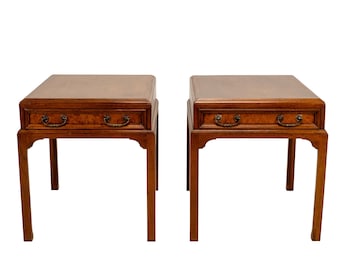 Vintage Burl Walnut Nightstands by Fine Arts Furniture With Brass Handles - A Pair