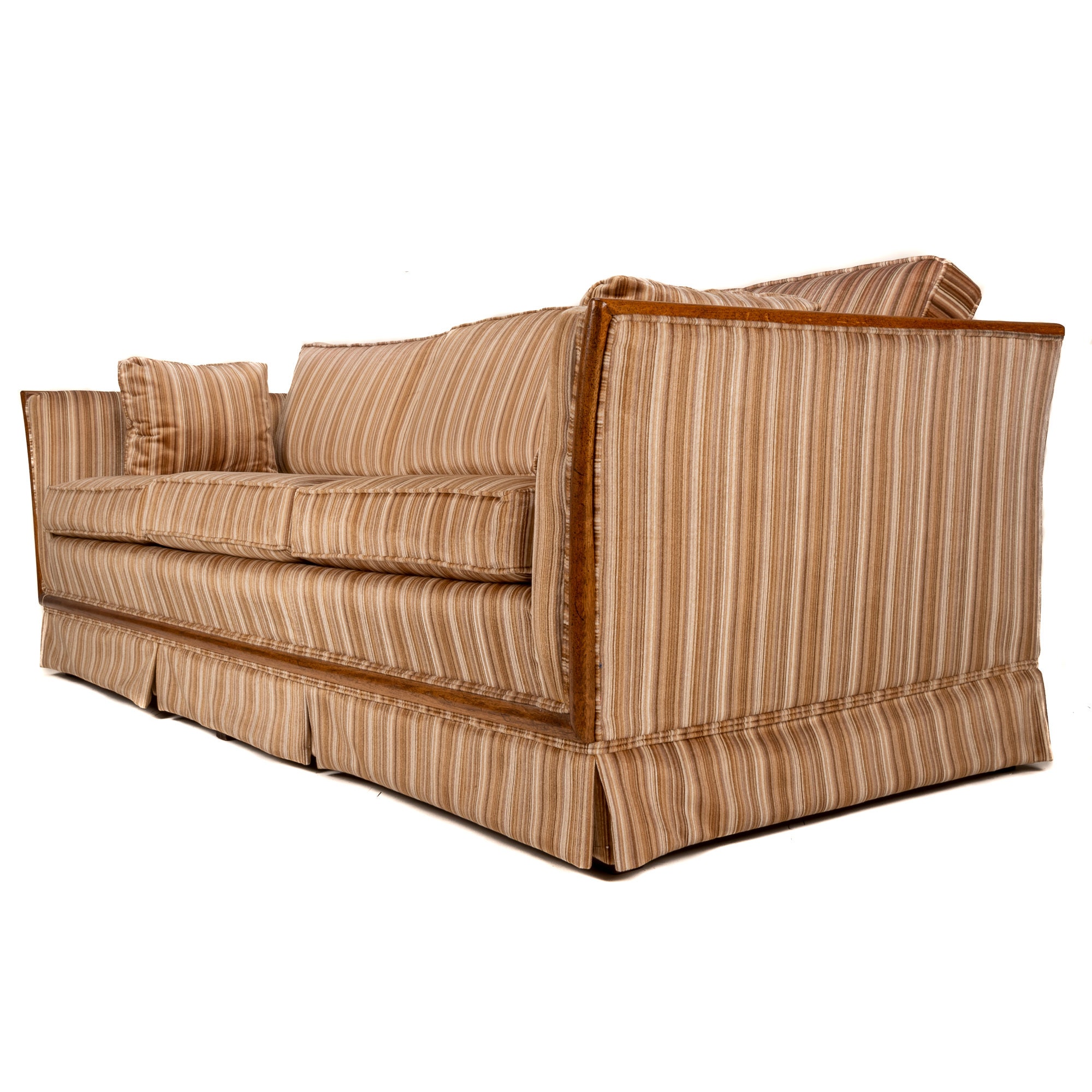 Mid-century Modern Broyhill Striped Velvet Tuxedo Sofa W/wood Trim