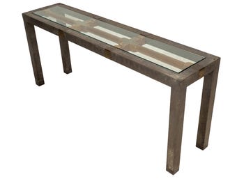Vintage Brutalist Iron, Brass & Wood Console Table W/ Thick Beveled Glass Insert