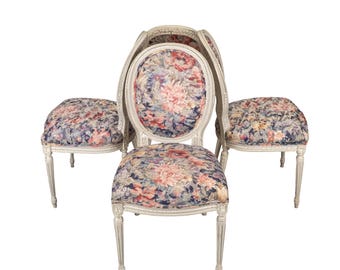 French Style Shabby Chic Dining Chairs Floral Upholstery Distressed Crackle Finish - Set of 4
