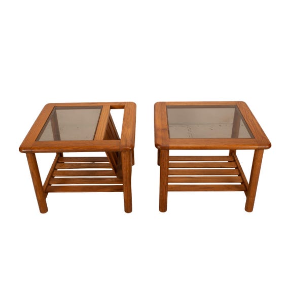 1970's Mersman Solid Oak & Smoked Glass End Tables / Magazine